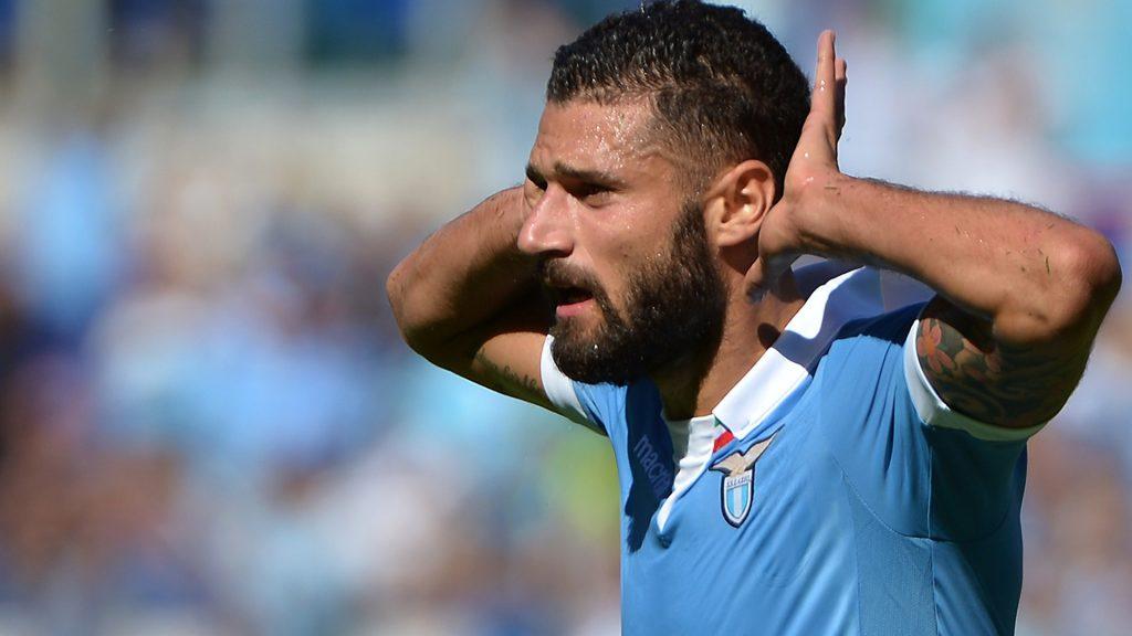 Lazio's midfielder Antonio Candreva celebrates after scoring during the Italian Serie A football match between Lazio vs Cesena on September 14, 2014 at the Olympic stadium in Rome. AFP PHOTO / ALBERTO PIZZOLI (Photo credit should read ALBERTO PIZZOLI/AFP/Getty Images)